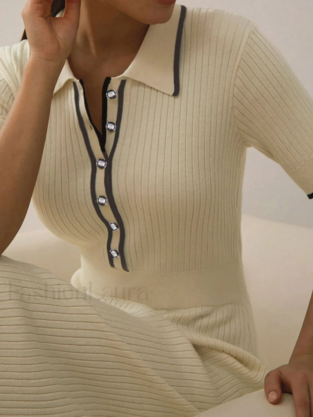 Contrast Trim Collared Rib Modern Knit Short Sleeve Midi Dress Sweaters L