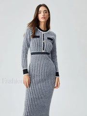 Contrast Trim Herringbone Trendy Bodycon Sweater Midi Dress Sweaters L