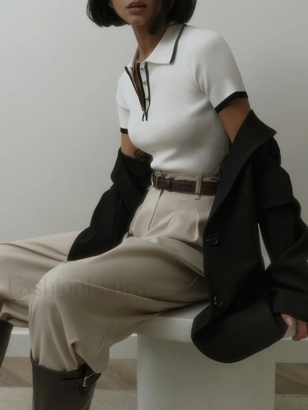 Contrast Trim Metal Trendy Button Knit Top Sweaters L