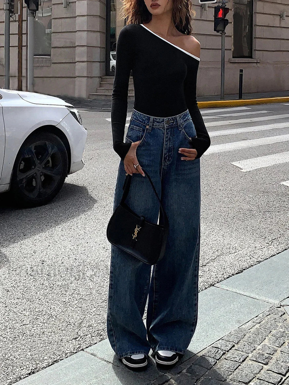 Contrast Trim Off Trendy Shoulder Long Sleeve Shirt T Shirts