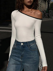 Contrast Trim Off Trendy Shoulder Long Sleeve Shirt White / XS T Shirts