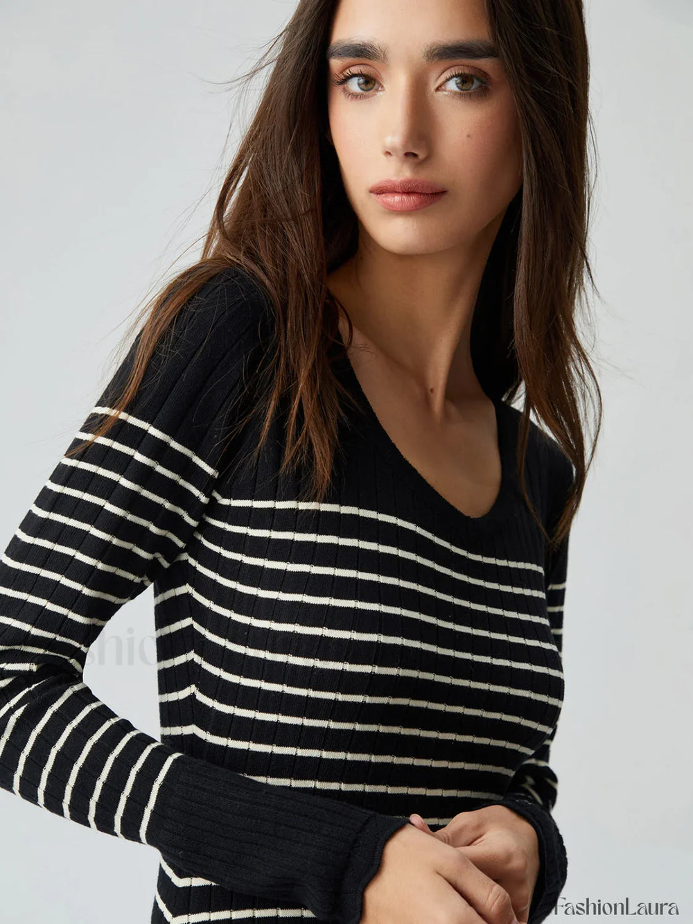 Contrast Trim Striped Crew Modern Neck Knit Sweater Dress Sweaters L