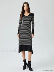 Contrast Trim Striped Crew Modern Neck Knit Sweater Dress Sweaters L