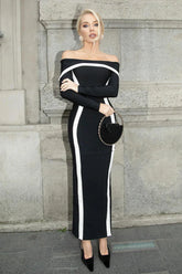 Contrasting Color Waist Wrapped One Shoulder Flared Maxi Dress Black / S