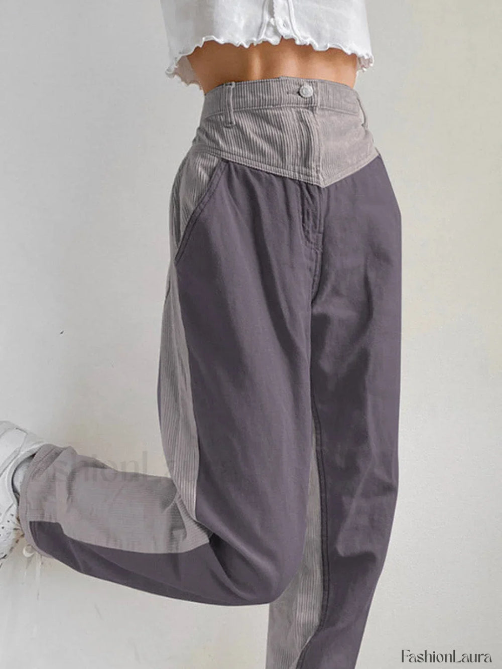 Corduroy Patchwork High Waist Straight Pants Gray / S Straight Leg Pants