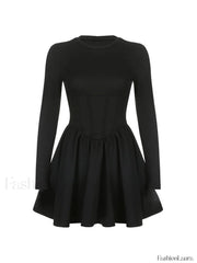Corset Detail Black Long Sleeve Mini Dress Mini Dresses