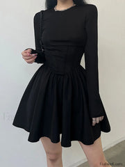 Corset Detail Black Long Sleeve Mini Dress Mini Dresses