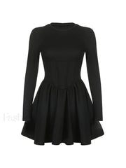 Corset Detail Black Long Sleeve Mini Dress Mini Dresses