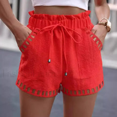 Cotton Blend High Waist Pocket Harem Short Red / S