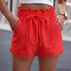 Cotton Blend High Waist Pocket Harem Short Red / S