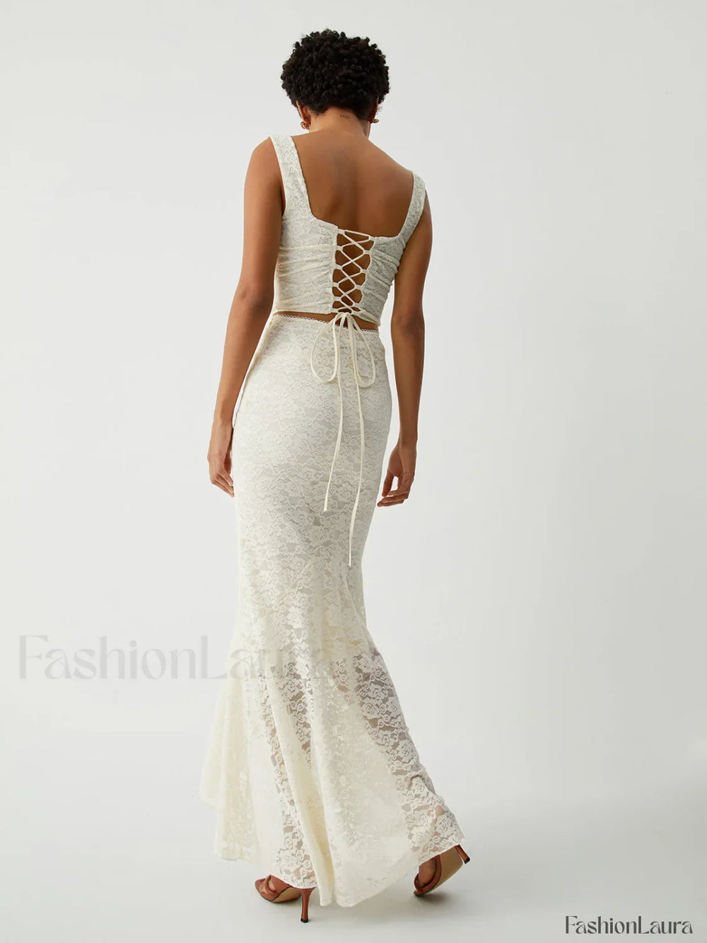 Cream Floral Lace Tie Modern Back Crop Corset Top Tank Tops & Camis