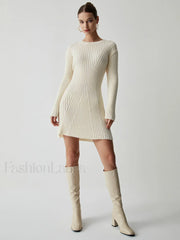 Cream Rib Long Trendy Sleeve Short Sweater Dress Sweaters L