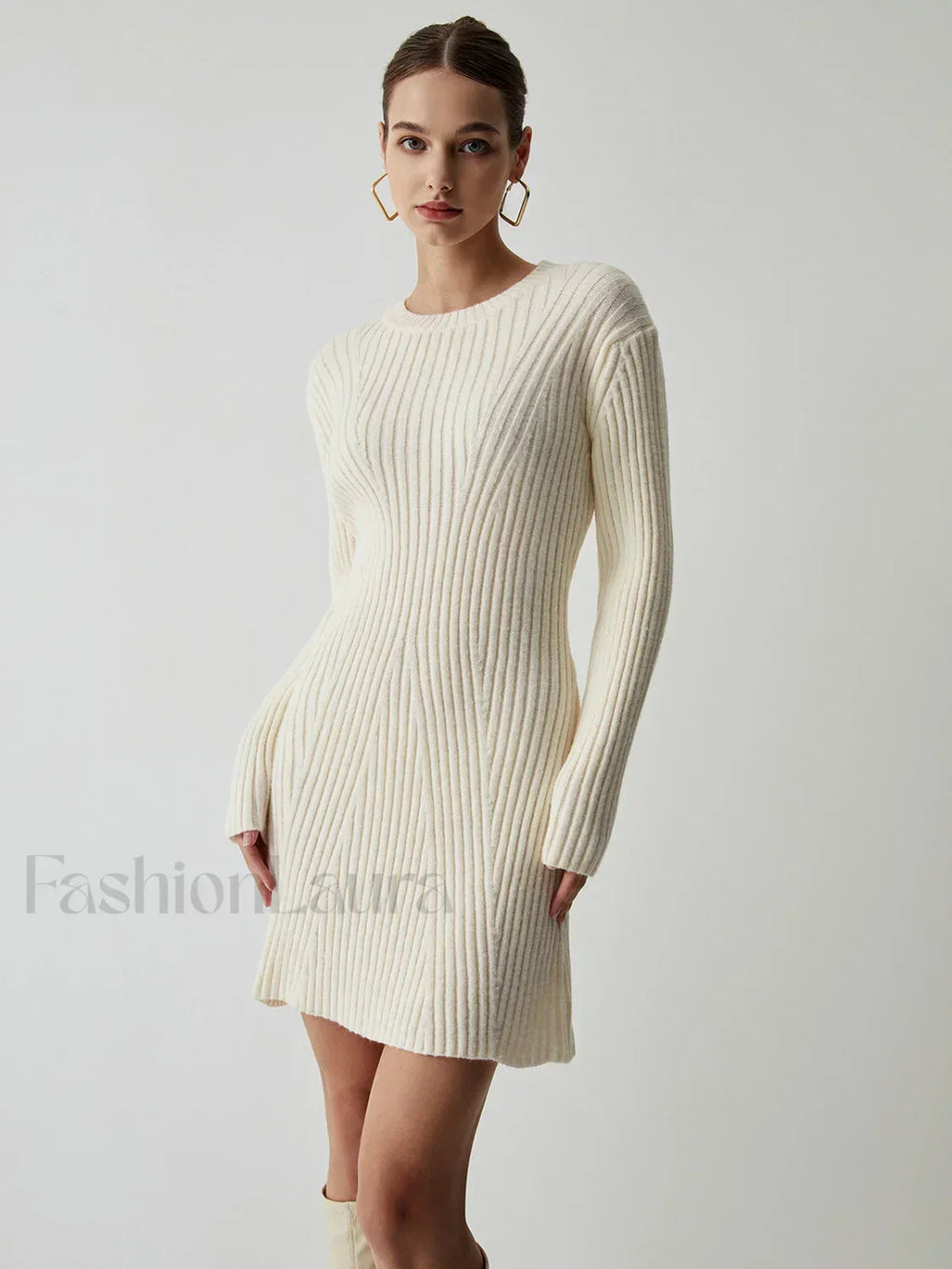 Cream Rib Long Trendy Sleeve Short Sweater Dress White / XS Sweaters L