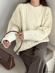Crew Neck Cable Knit Pullover Sweater Beige / ONE SIZE Sweaters
