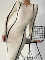 Crew Neck Contrast Trim Modern Long Sleeve Knit Midi Dress Off White / XS Sweaters L
