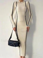 Crew Neck Contrast Trim Modern Long Sleeve Knit Midi Dress Sweaters L