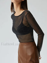 Crew Neck Sequined Trendy Long Sleeve Mesh Shirt Black / XS T Shirts