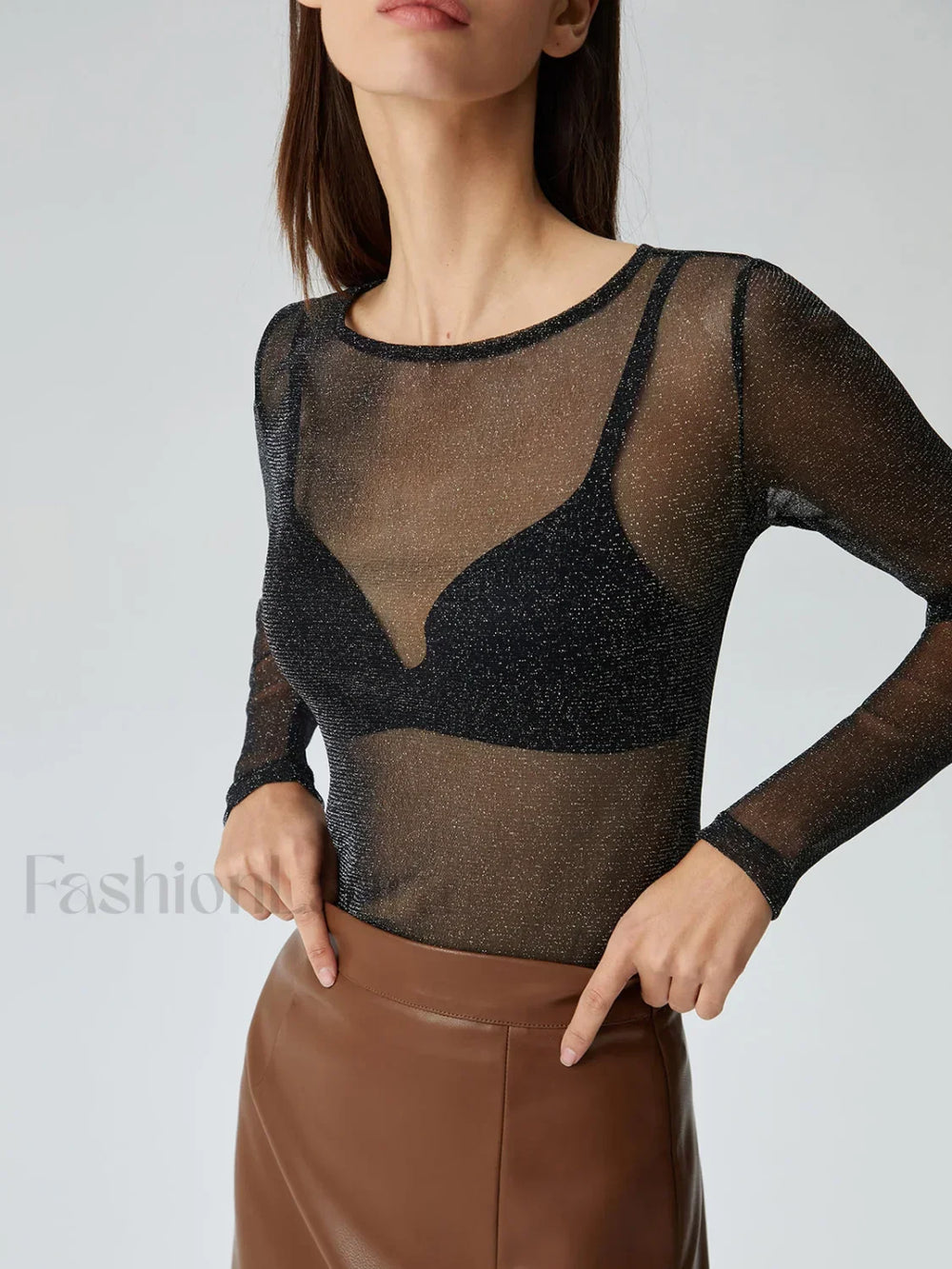 Crew Neck Sequined Trendy Long Sleeve Mesh Shirt T Shirts