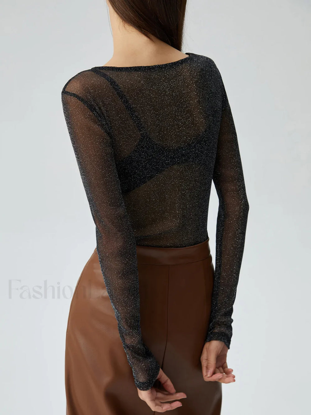 Crew Neck Sequined Trendy Long Sleeve Mesh Shirt T Shirts