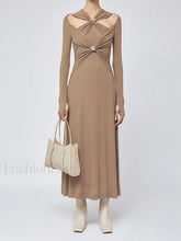 Criss Cross Cut Trendy Out Long Dress Brown / S Dresses