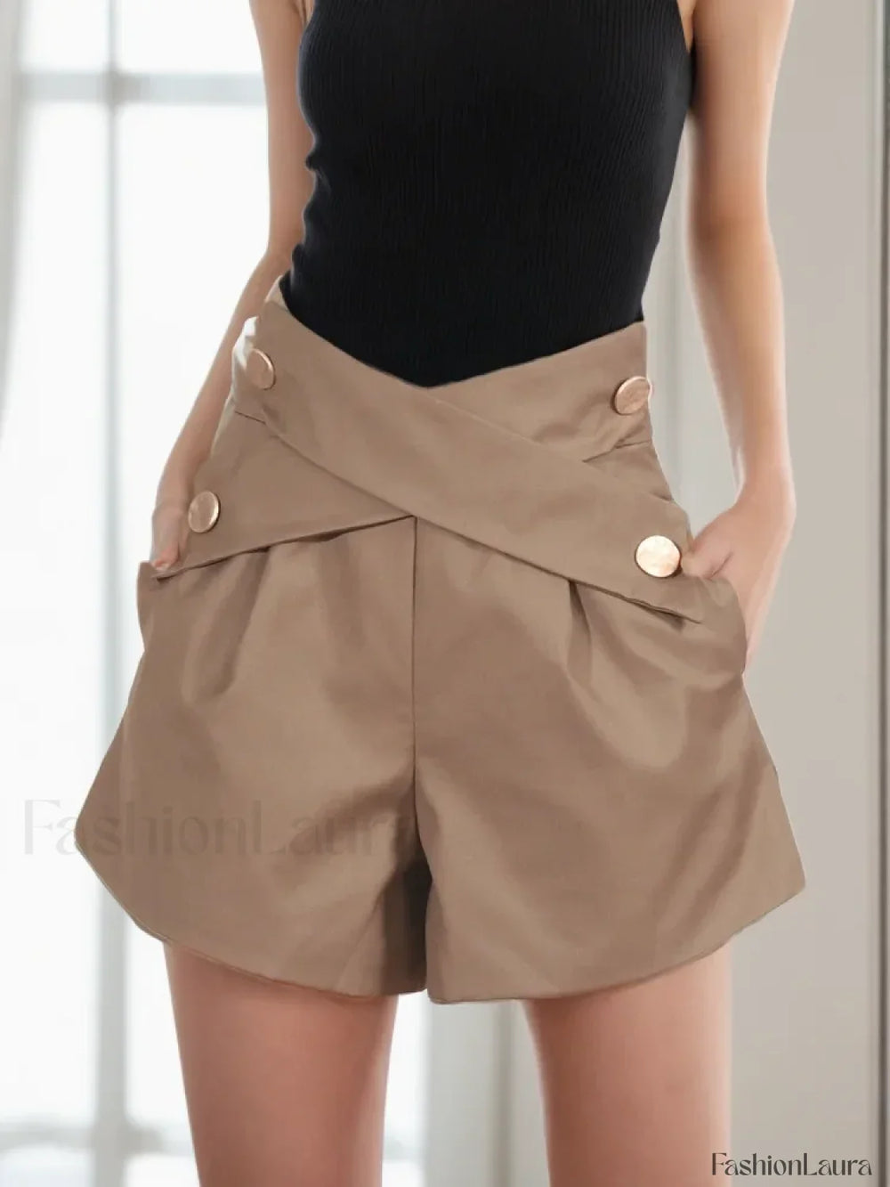 Crisscross Patchwork Button High Waist Loose Casual Short khaki / S