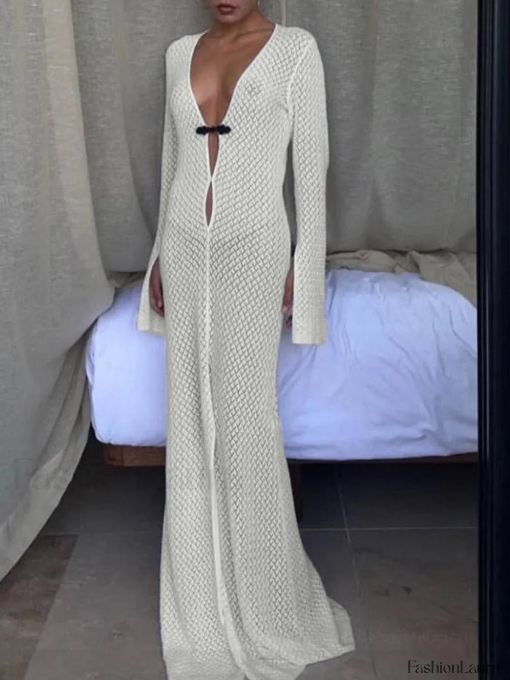 Crochet Long Sleeve Maxi Beach Dress White / S Maxi Dresses