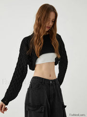 Crocheted Cable Knit Trendy Long Sleeve Crop Top Sweaters L