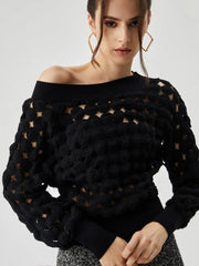 Crocheted Circle Hollow Trendy Off Shoulder Blouse Black / XS Blouses