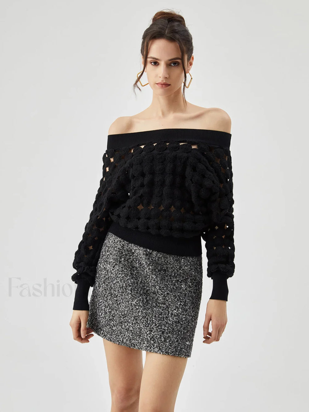 Crocheted Circle Hollow Trendy Off Shoulder Blouse Blouses