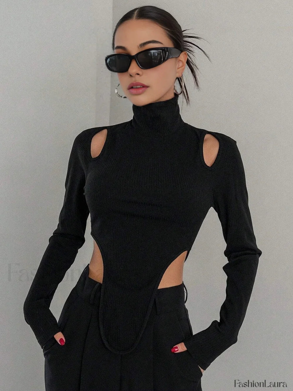 Cut Out High Trendy Neck Asymmetric Hem Top Black / XS T Shirts