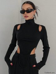 Cut Out High Trendy Neck Asymmetric Hem Top Black / XS T Shirts