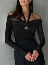 Cut Out Knotted Trendy Long Sleeve Halter Shirt Black / S T Shirts