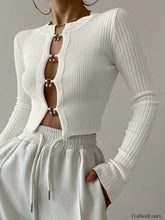 Cutout Split Beads Detail Ribbed Knit Top White / XS Knit Tops