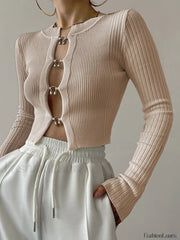 Cutout Split Beads Trendy Detail Ribbed Knit Top LightYellow / XS Sweaters L