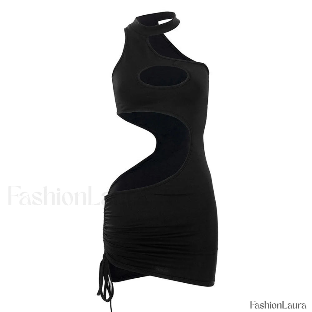 Cutout Trim Choker Neck Bodycon Mini Dress Black L / Black Party Dresses L