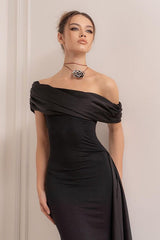Black One Shoulder Flowy Sleeve Formal Dress