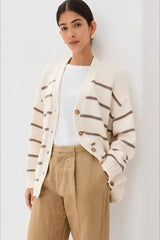 V Neck Striped Cotton Sweater S / Brown