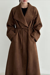 Drawstring Notch Collar Long Relaxed Overcoat