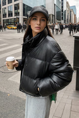 Cropped Faux Leather Insulated Puffer Jacket S / Black