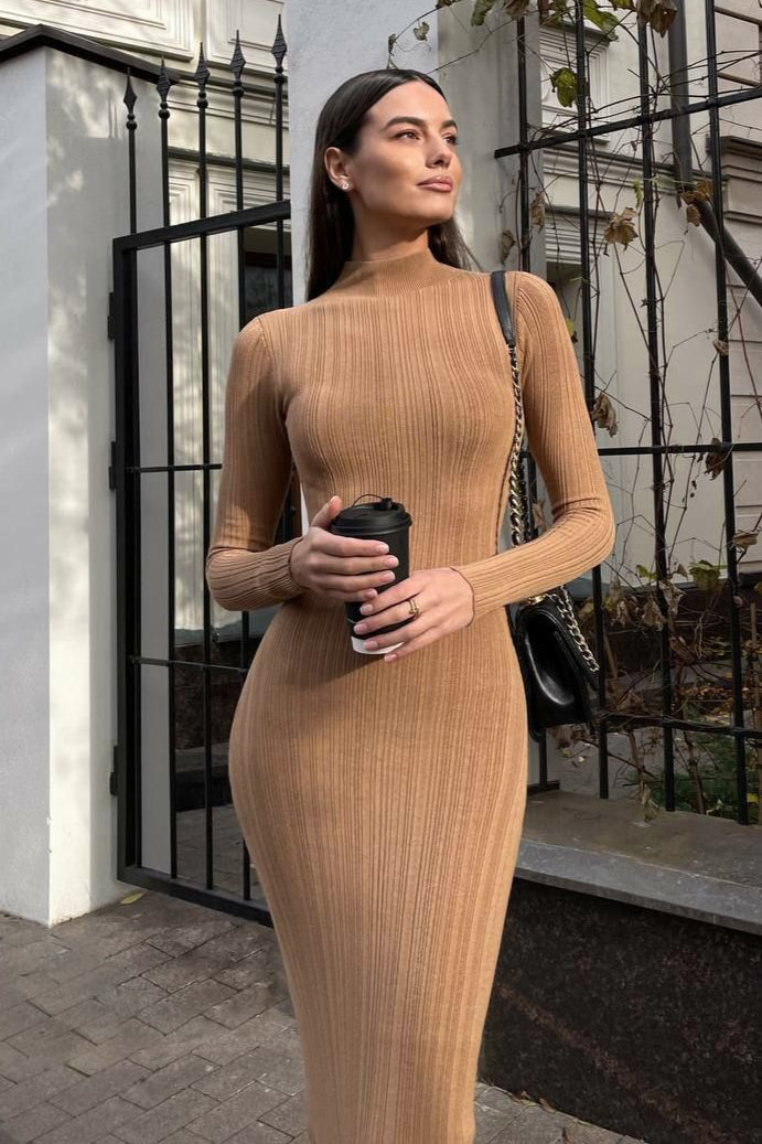 Elegant High Neck Striped Sweater Dress S / Khaki