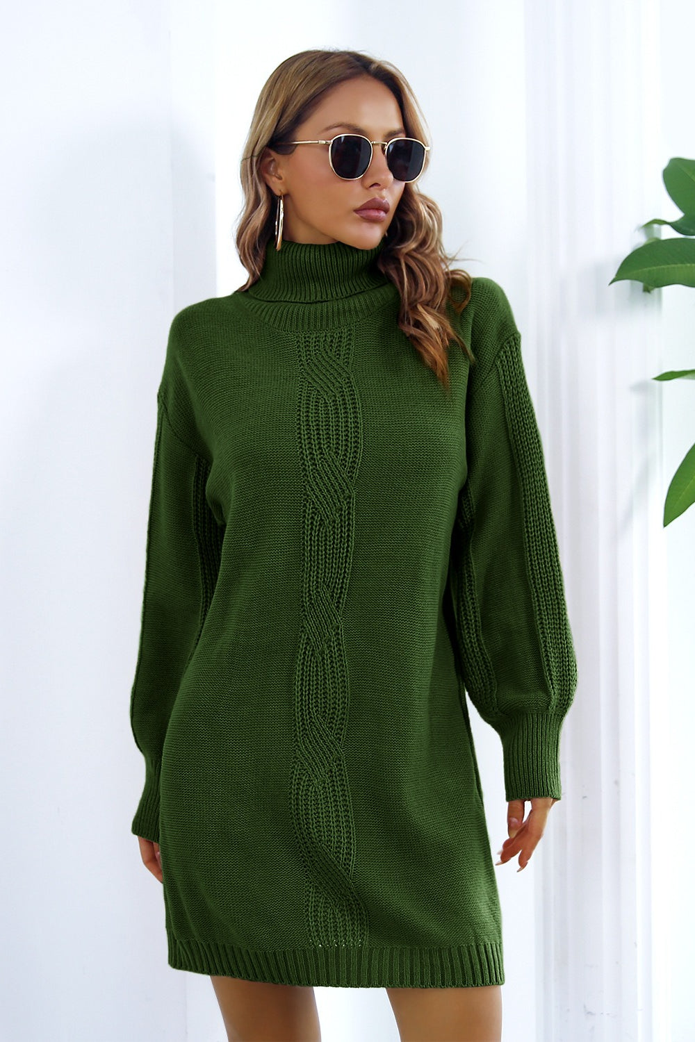 Cable Knit Turtleneck Sweater Dress