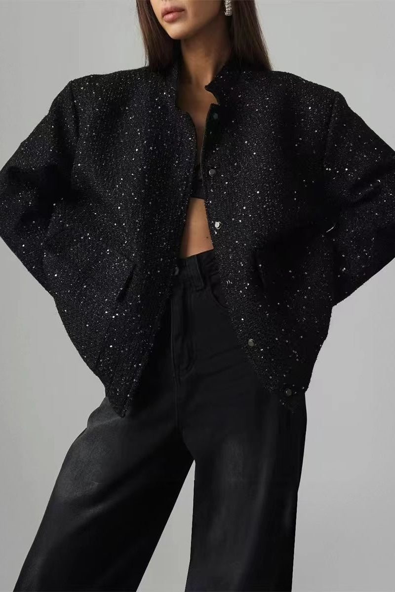 Pearl Embellished Cropped Aviation Jacket S / Black