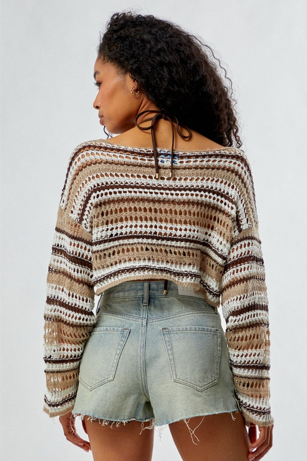Striped Hollow Out Knit Cropped Sweater
