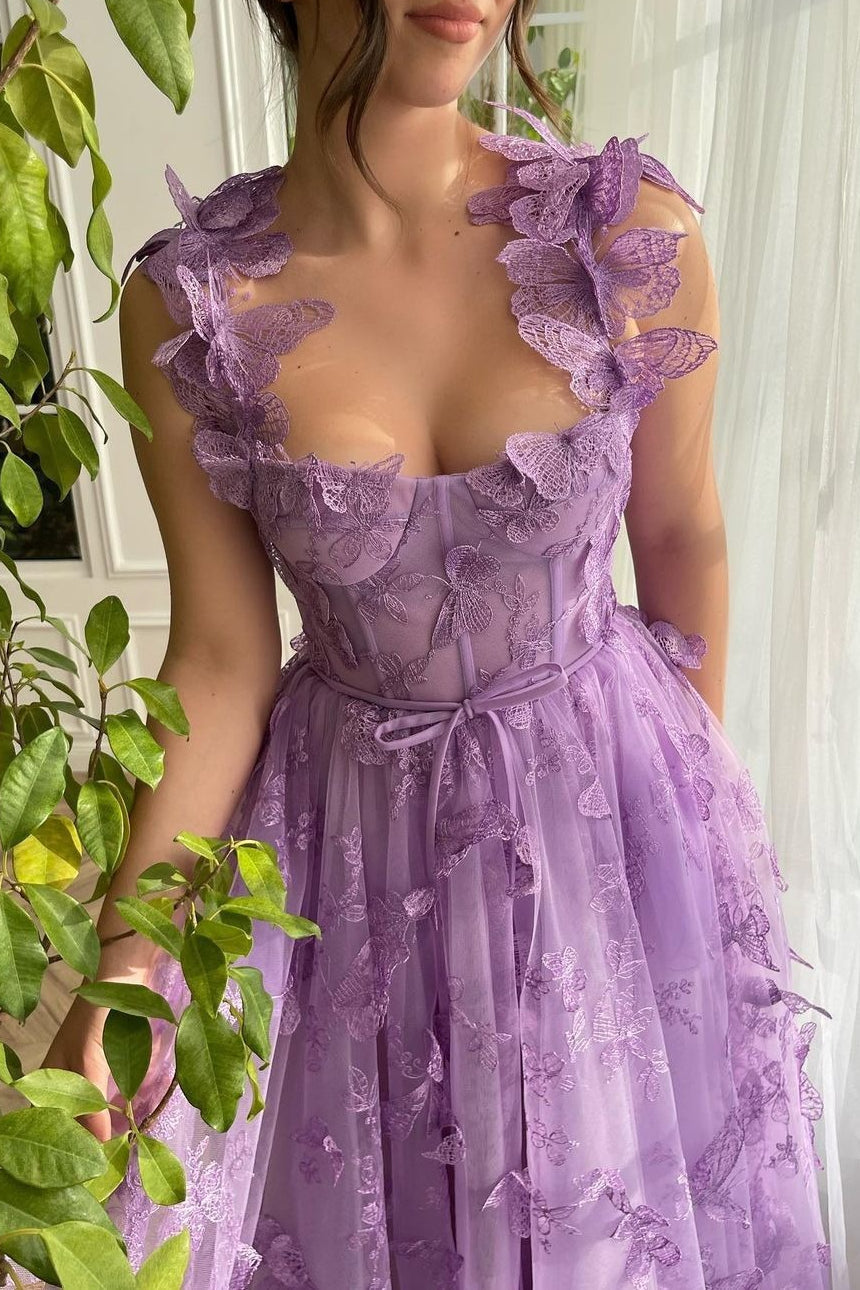 Sheer Tulle Spaghetti Strap High Slit Party Dress