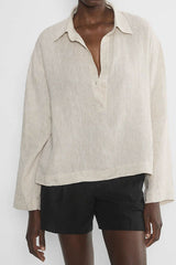 Linen Polo Collar Relaxed Blouse