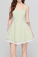 Square Neck Mesh Panel Mini Dress