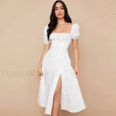 Daisy Printed Puff Sleeve High Slit Smock Maxi Sundress White S / White Sun Dresses