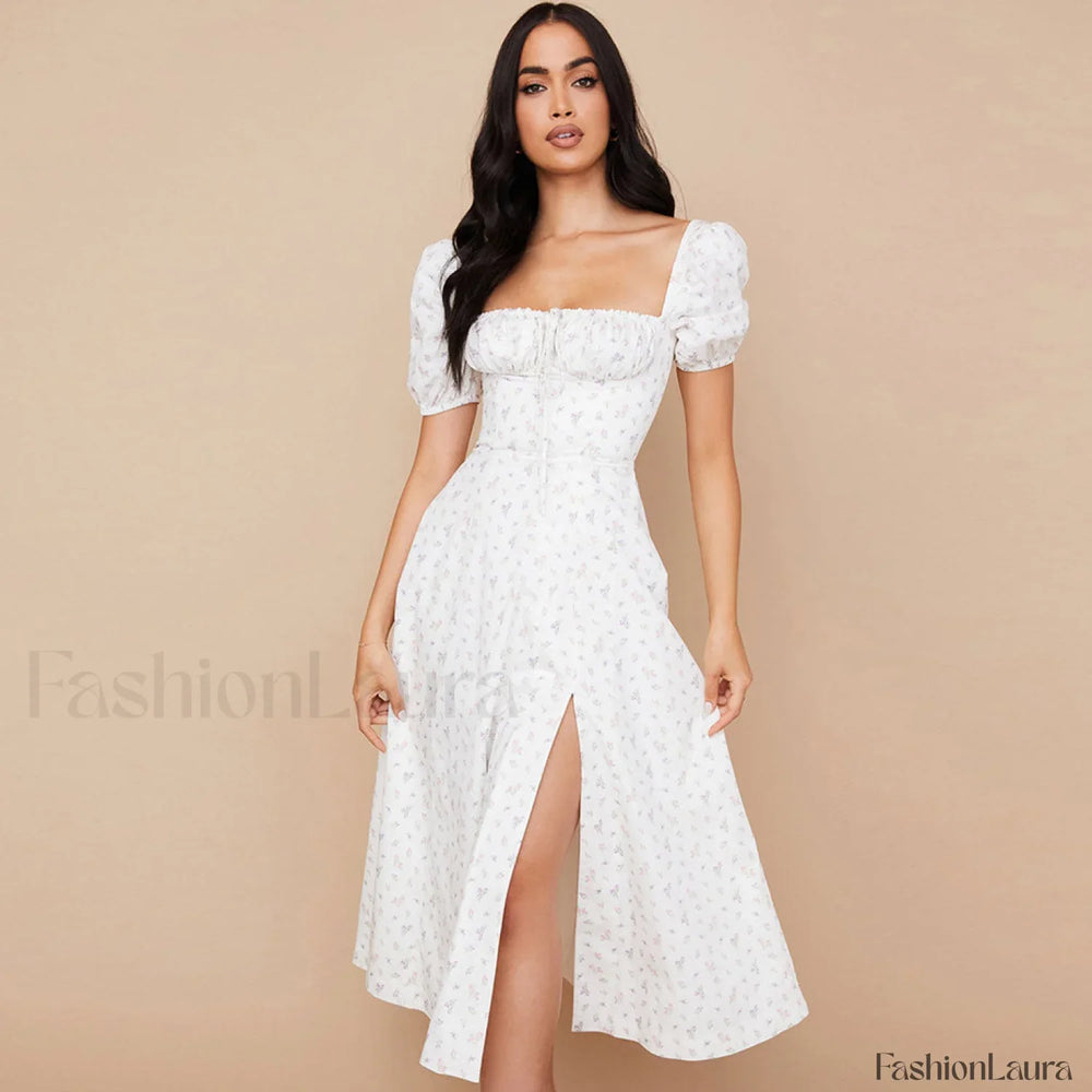 Daisy Printed Puff Sleeve High Slit Smock Maxi Sundress White S / White Sun Dresses