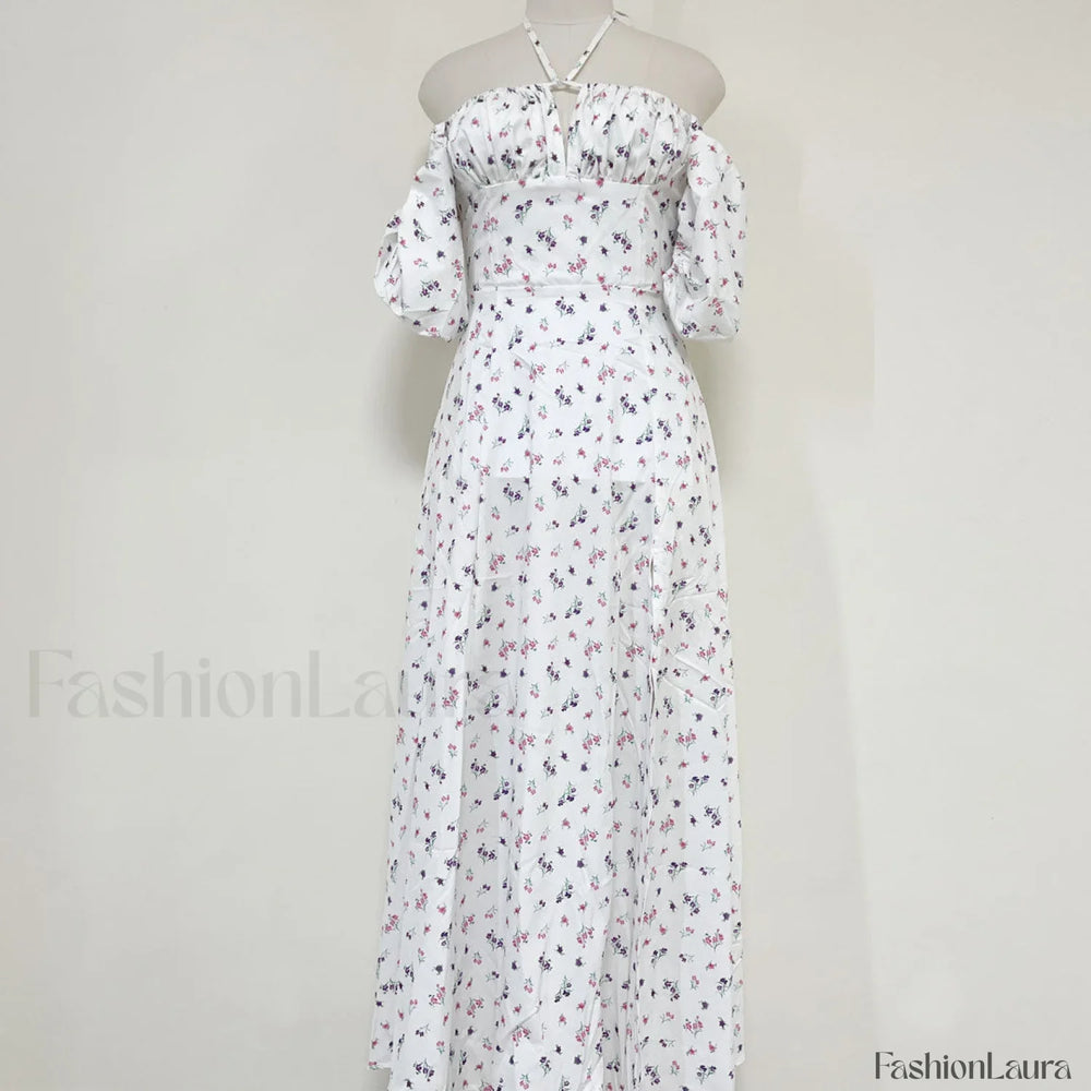 Daisy Printed Puff Sleeve High Slit Smock Maxi Sundress White XL / White Sun Dresses