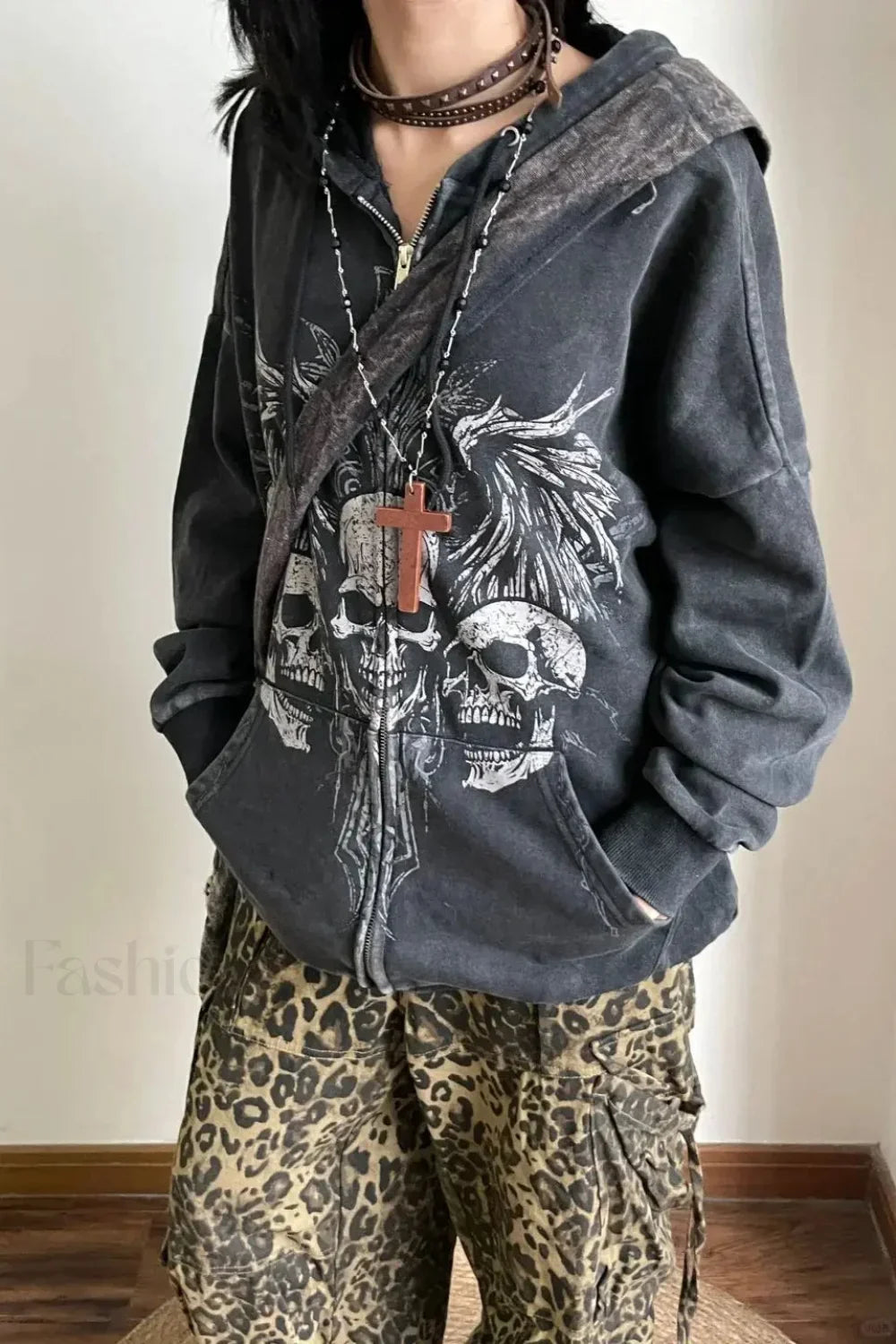 Dark Gothic Skull Print Zip Up Hoodie